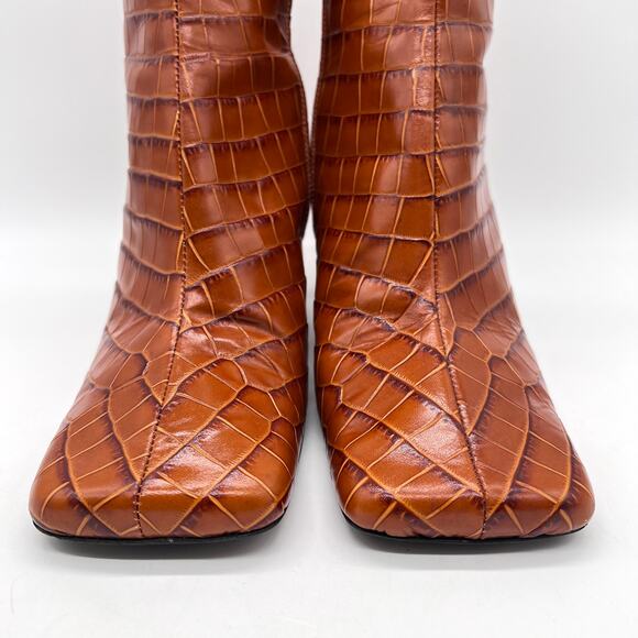 BY FAR Celine Square Toe Croc Embossed Boot Womens 40 Brown Leather Ankle Heeled - Picture 2 of 12